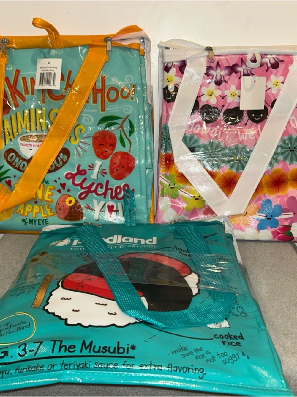 Foodland Hawaii Set Of 3 Insulated Reusable Bags ~ Spam Musubi/Kim Chee/Leis